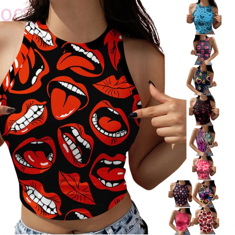 Cheap Summer Girls Y2K Cute Crew Neck Womens Workout Crop Tank Tops  Sexy Graphic Print Sleeveless Tank Top Women Vest lime green tank