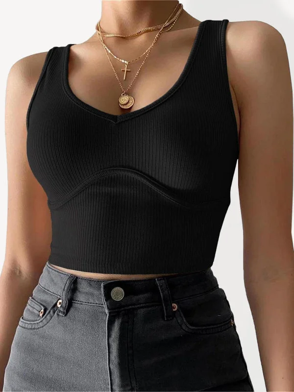Ribbed Knit Exposed Seam Sleeveless V-neck Crop Tank Top Black Shirt ribbed tank top