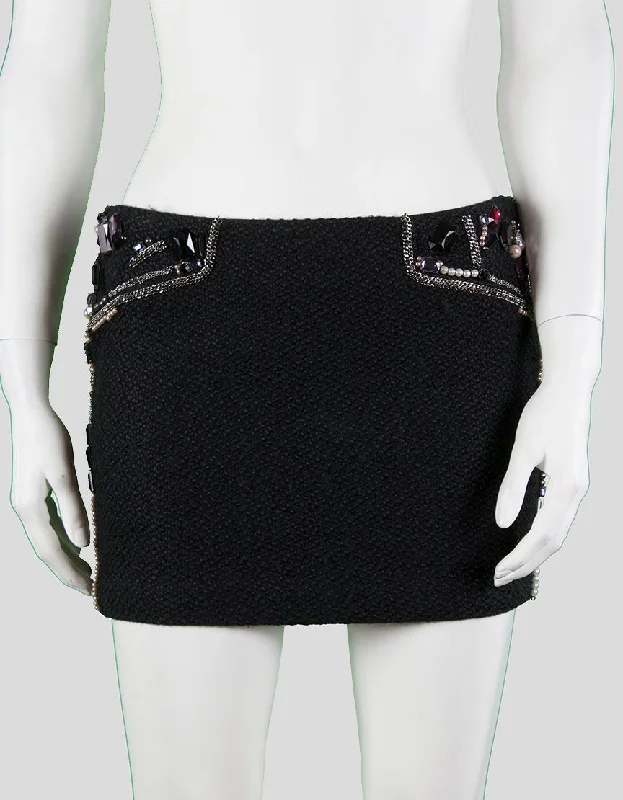 La Rox Black Mini Skirt With Silver Tone Chain Pearl And Jewel Design Throughout X-Small casual skirt length La Rox Black Mini Skirt With Silver Tone Chain Pearl And Jewel Design Throughout X-Small casual skirt length