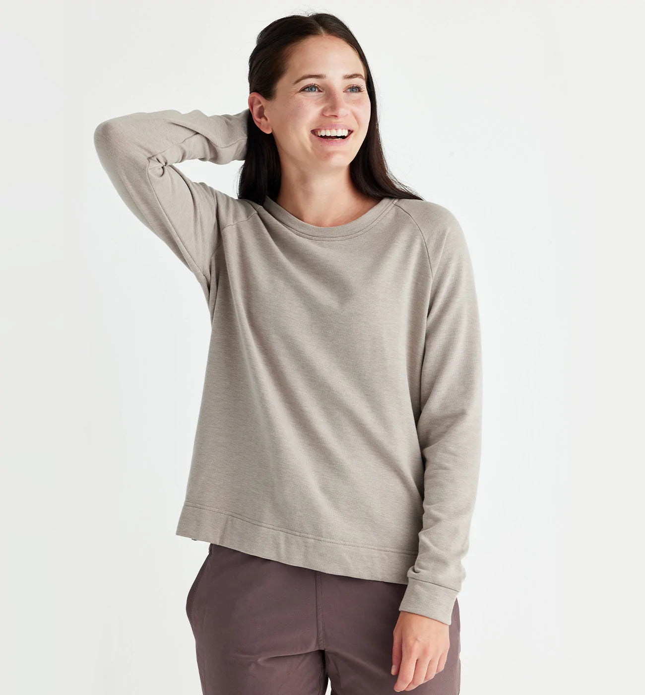 Women's Bamboo Lightweight Fleece Crewneck Pullover - Heather Stone Boyleg Sleeve Pullover