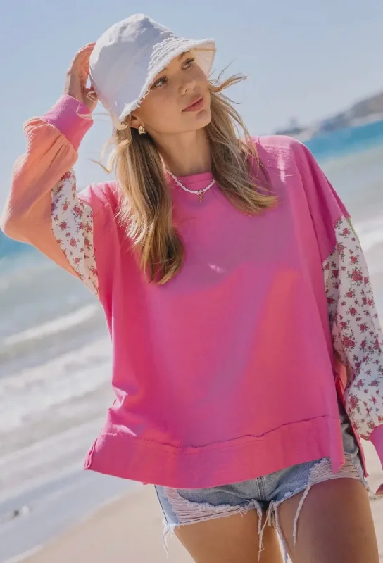 Sweet Life Pink French Terry Pullover Shawl Collar Sweater