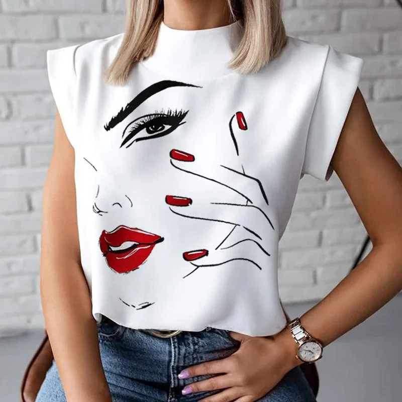 Wjczt Elegant Women Chain Print Blouse Shirts New Summer Casual Stand Neck Pullovers Tops Lady 2XL Fashion Cute Eye Short Sleeve Blusa Elbow Length Sleeve