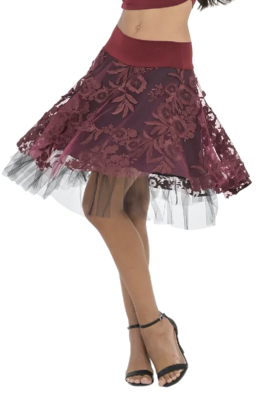 Burgundy Floral Embroidered Tulle Above-Knee Skirt velvet skirt luxury