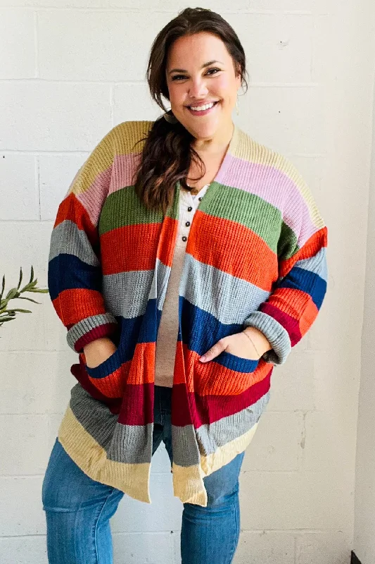 Weekend Ready Multicolor Striped Slouchy Open Cardigan Notch Collar Peter Pan Collar Cowl Neck Weekend Ready Multicolor Striped Slouchy Open Cardigan Notch Collar Peter Pan Collar Cowl Neck