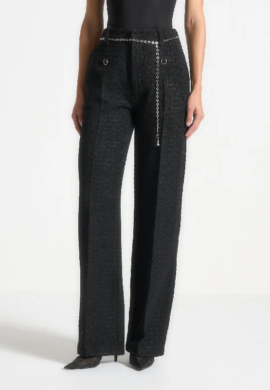 Tweed Trousers with Belt - Black Trousers Print Floral
