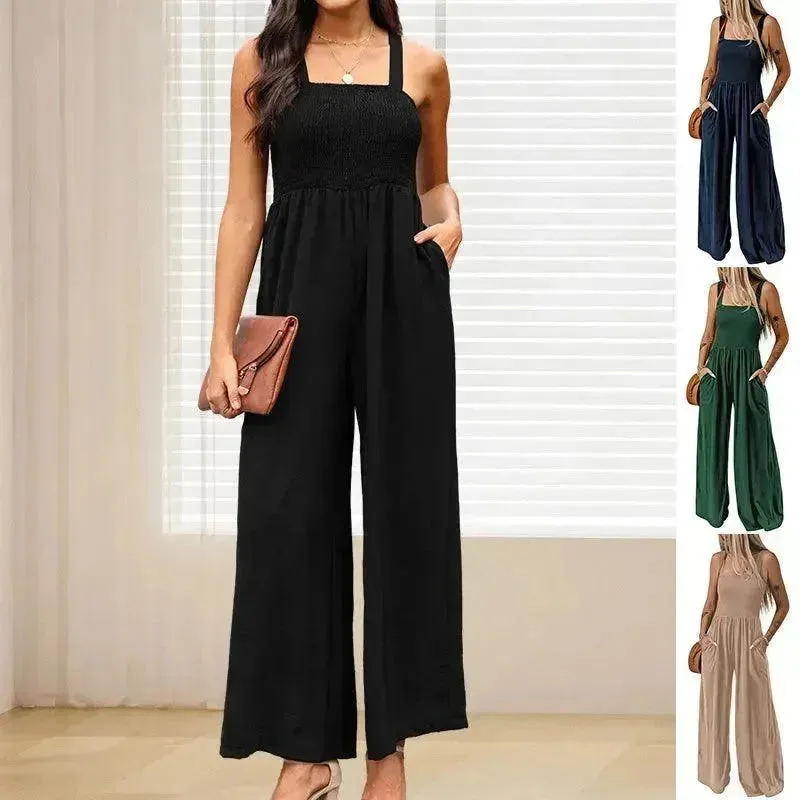 Summer Square Neck High Waist Jumpsuit Women's Backless Pleated Design Wide Leg Trousers Clothing Trousers Occasion Special