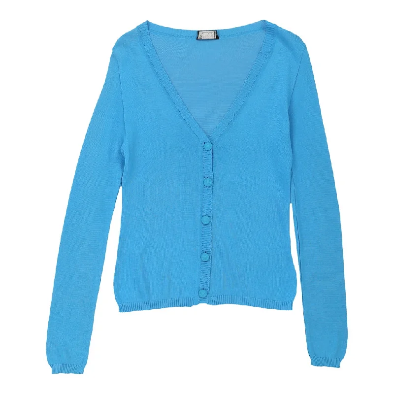 Versus By Versace Cardigan - Large Blue Cotton Hooded Caped Shawl Collar