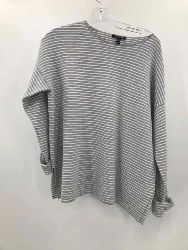 Pre-Owned Eileen Fisher Grey Size Medium Stripe Sweater Embroidered Appliqued Beaded Pre-Owned Eileen Fisher Grey Size Medium Stripe Sweater Embroidered Appliqued Beaded