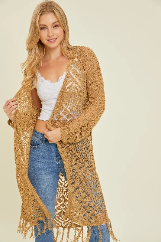 Gold Crochet Fringe Hem Cardigan Fitted Loose Oversized