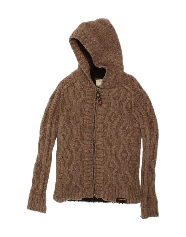 ENERGIE Womens Hooded Cardigan Sweater UK 14 Large Brown Flecked Satin Blend Silk Blend Wool Blend