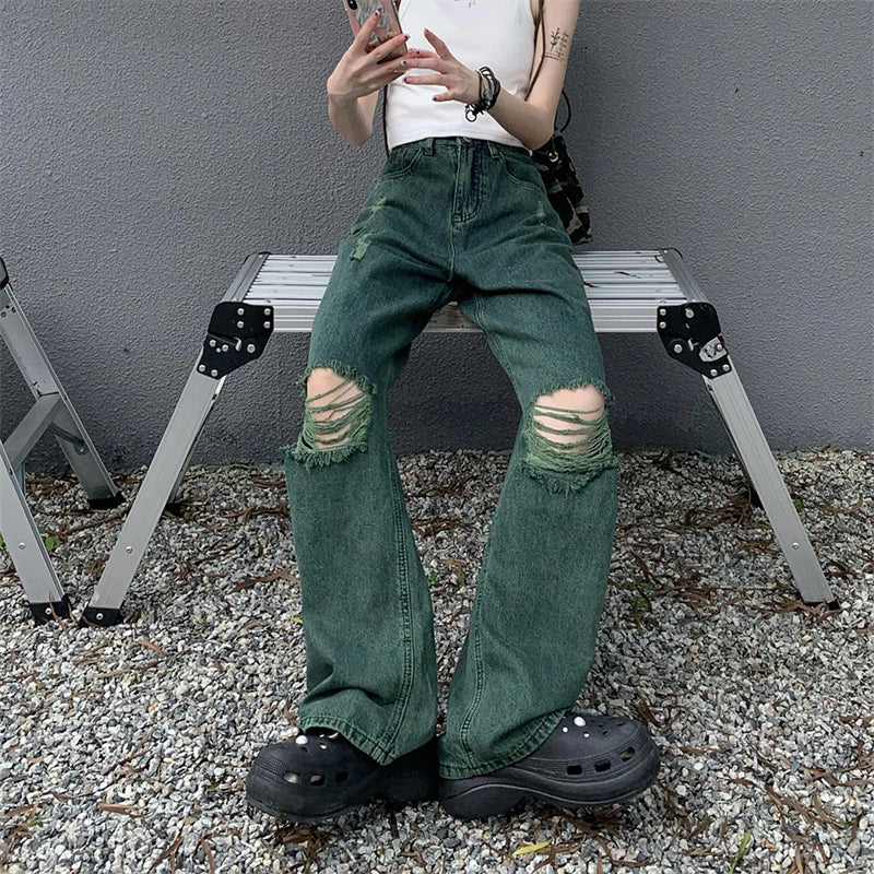 Advbridge  -  Women's Green Perforated Design Straight Wide Legs Vintage Jeans Cool Girl High Waisted Pants Female Retro Denim Trousers Trousers stylish modern