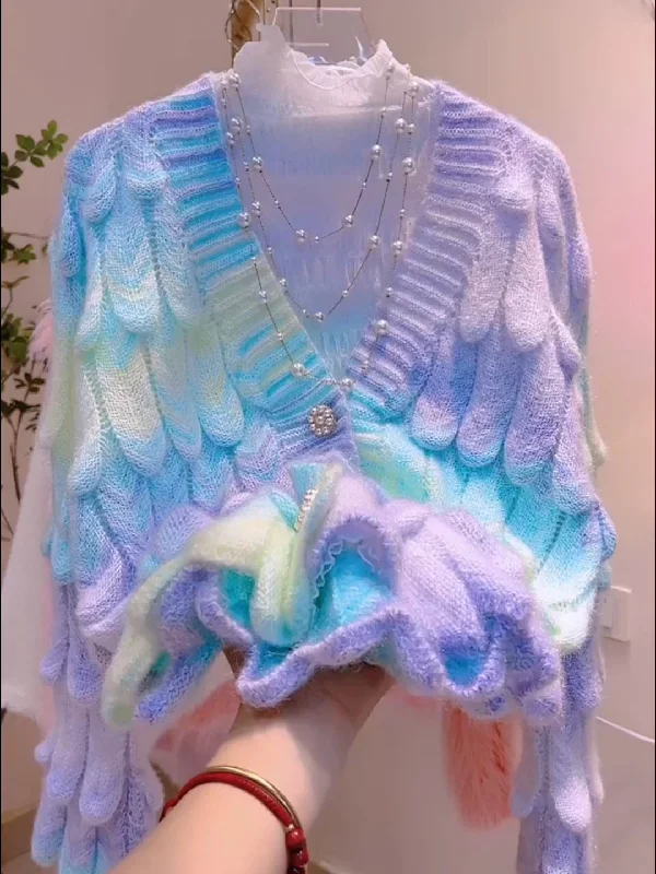 Scalloped Knit Pastel Ombre Cardigan Terry Terry Cloth Terry Knit