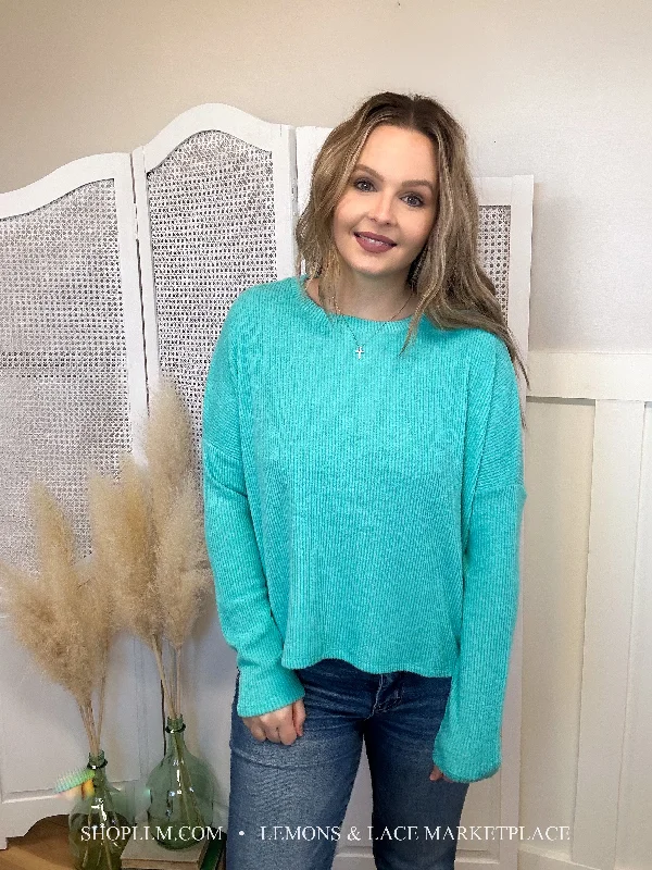 Turquoise Ribbed Dolman Sweater Cable Knit Ribbed Knit Lace Knit