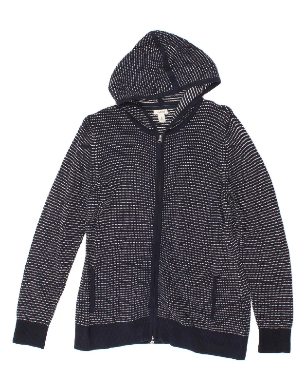 L.L.BEAN Womens Hooded Cardigan Sweater UK 14 Medium Navy Blue Spotted Crew Neck V-Neck Turtle Neck