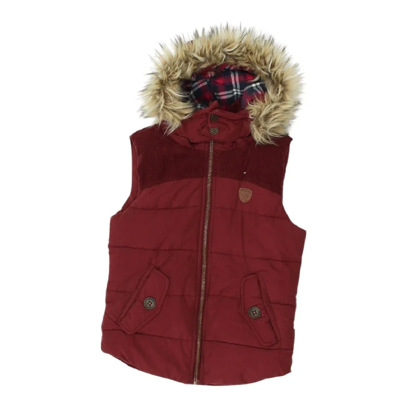 Diesel Womens Burgundy Sleeveless Padded Faux Fur Hoody Jacket | Casual Designer Toggled Jacket Drawstring Jacket Belted Jacket