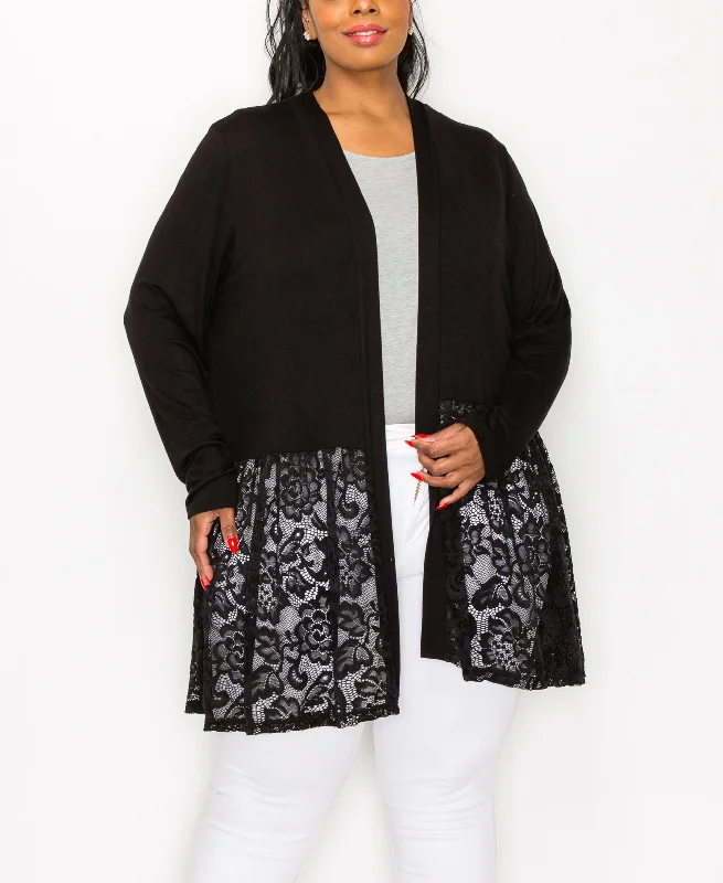 Plus Size Lace Peplum Cardigan Duster Knit Top Iron Safe Non-Iron Wrinkle Free