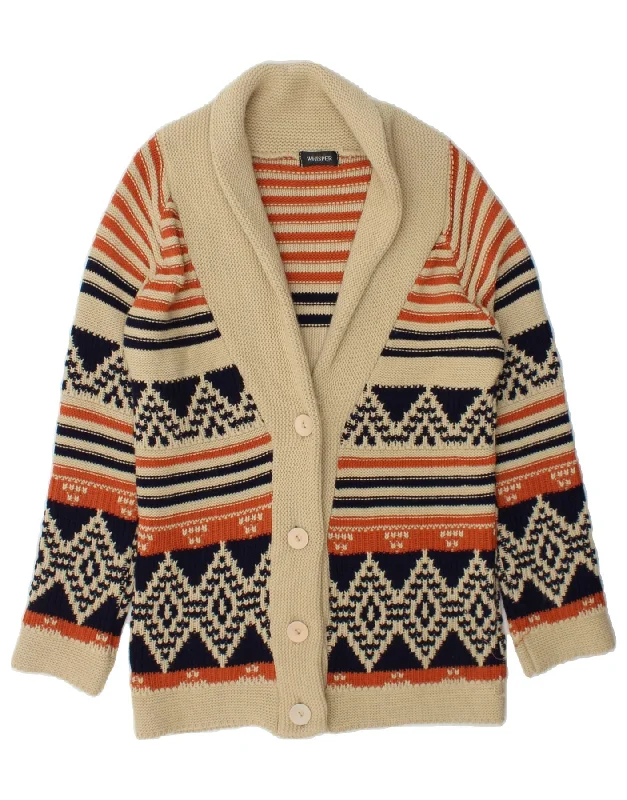 VINTAGE Womens Longline Cardigan Sweater UK 16 Large Beige Fair Isle Hooded Cardigan Collared Cardigan Shawl Collar