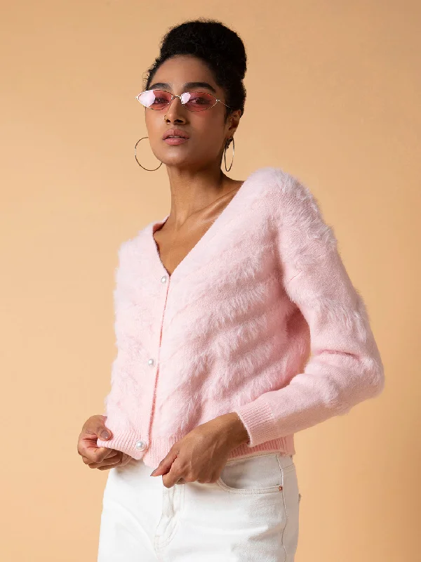 Women Solid Pink Cardigan-228-Pink Mesh Cardigan Canvas Denim