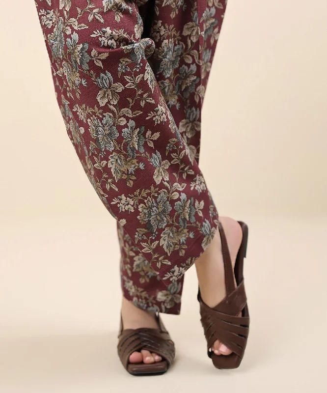 Printed Khaddar Trousers High Waist Slim Fit Ankle Length