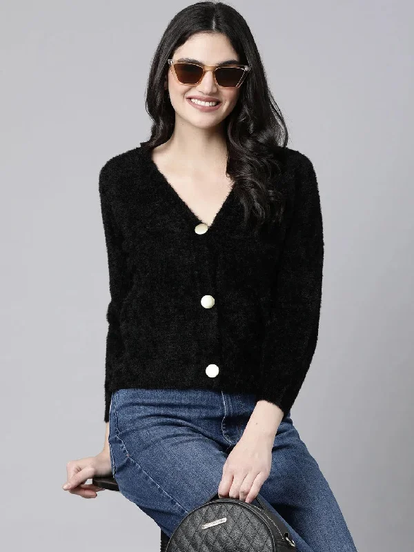 Women Solid Black Cardigan-320-24-Black Cashmere Blend Cotton Blend Poly Blend