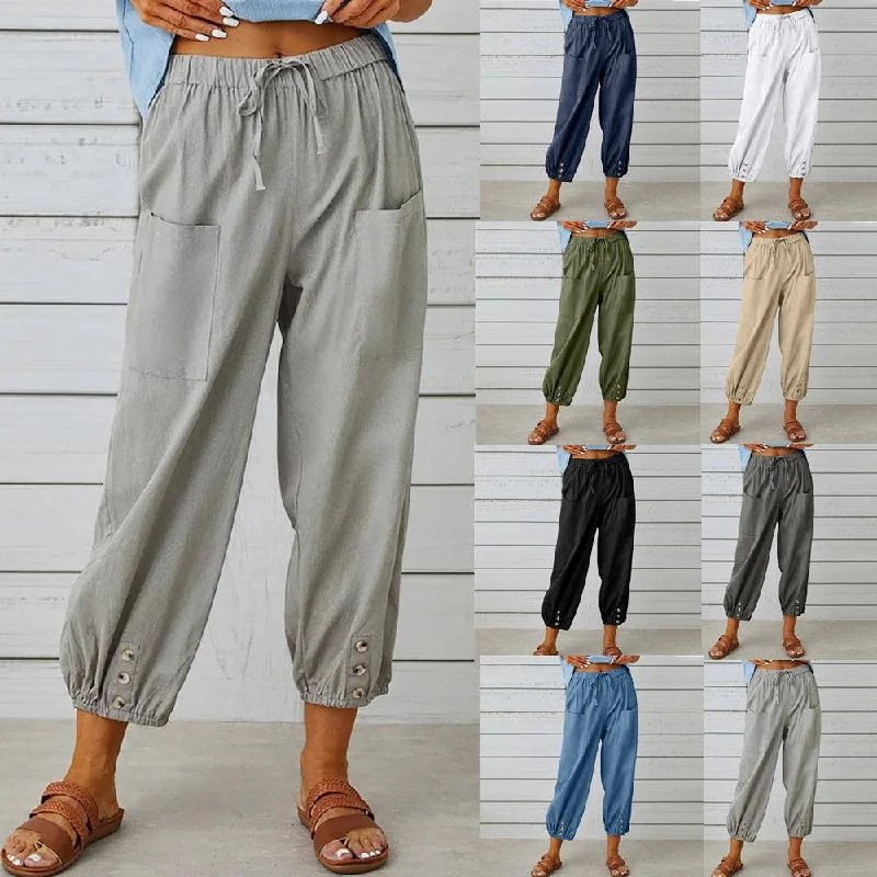 Women Drawstring Tie Pants Spring Summer Cotton And Linen Trousers With Pockets Button Trousers Fleece Cozy