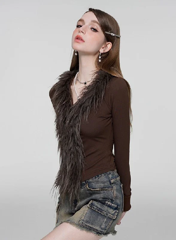 Retro Brown Slim Fur Sweater WAE0024 Glossy Satin Silk