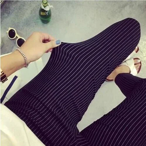 Plus Size Casual Women Pencil Pants Elastic Slim Harem Capris Black White Stripe Leggings Trousers Plus Size Women Pants Trousers Low Rise Relaxed