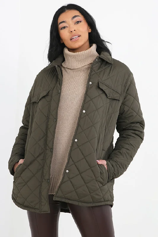 PLUS SIZE KHAKI DIAMOND QUILTED PADDED JACKET Zippered Jacket Buttoned Jacket Snapped Jacket