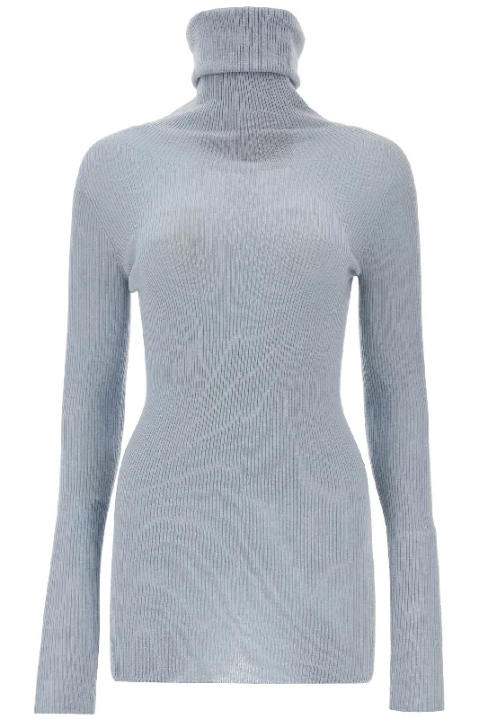 High-neck Wool Pullover Sweater  - Light Blue Ribbed Striped Patterned