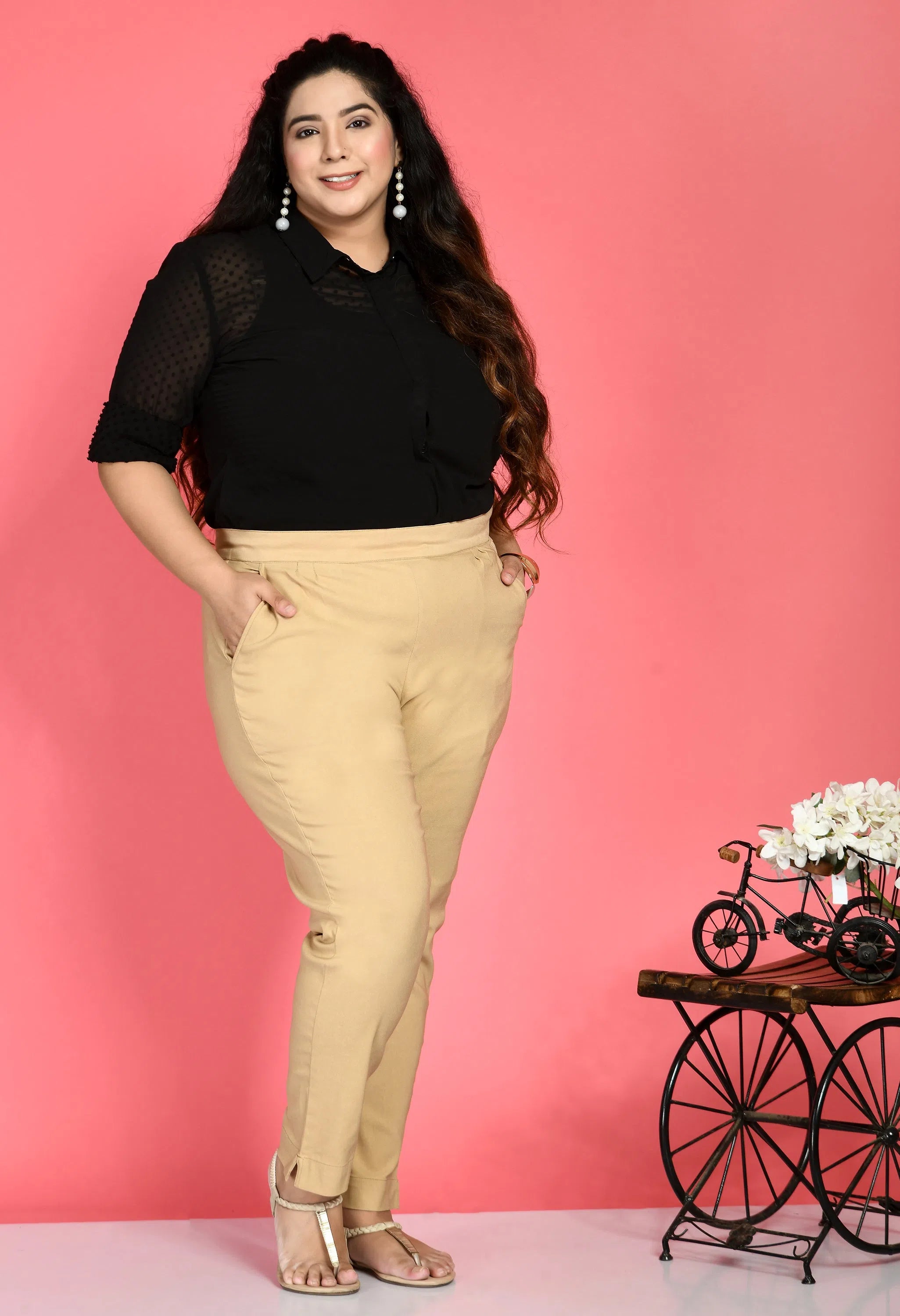 Plus Size Beige Lycra Trousers Trousers Lace Delicate