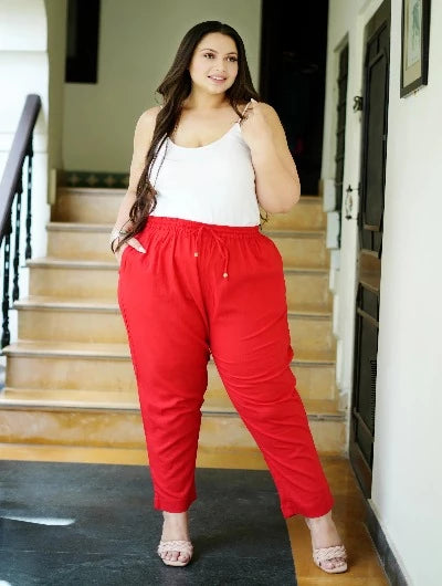 Plus size Women Red Cotton Trouser Pant Trousers Chinos Classic