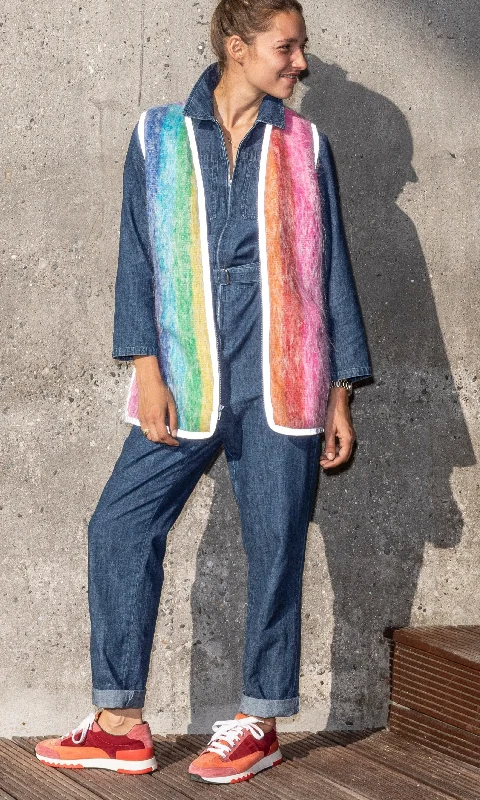 The Mohair Cardigan Zip Sweater Vest, Rainbow Striped w/Reflective Trim Velvet Chenille Corduroy The Mohair Cardigan Zip Sweater Vest, Rainbow Striped w/Reflective Trim Velvet Chenille Corduroy