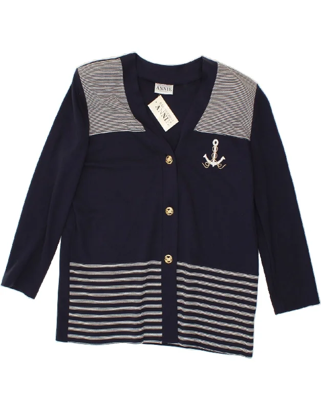VINTAGE Womens Cardigan Sweater IT 48 XL Navy Blue Striped Cotton Nautical Chenille Brocade Lace VINTAGE Womens Cardigan Sweater IT 48 XL Navy Blue Striped Cotton Nautical Chenille Brocade Lace