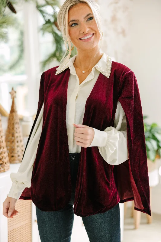 Bold Energy Burgundy Red Velvet Cape Jacket Ribbed Jacket Pleated Jacket Ruffled Jacket