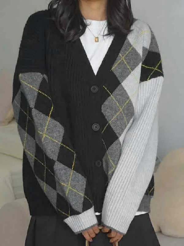 Contrast Color Plaid Patchwork Cardigan Patchwork Embroidered Appliqued