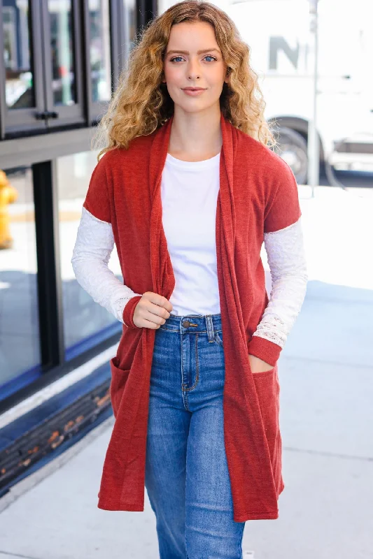 Casual Days Rust Lace Sleeve Front Pocket Hacci Cardigan Satin Fabric Silk Fabric Chiffon Fabric Casual Days Rust Lace Sleeve Front Pocket Hacci Cardigan Satin Fabric Silk Fabric Chiffon Fabric