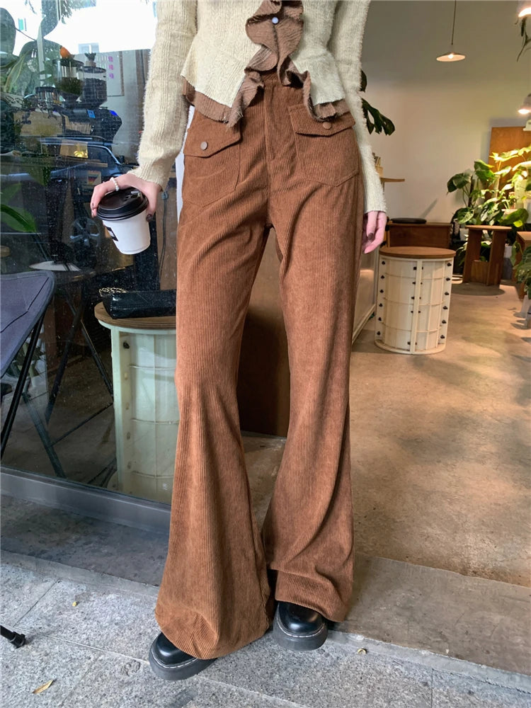 Advbridge  -  Women's Coffee Colored Corduroy Micro Flared Pants Street Style Fashion Female High Waisted Straight Wide Leg Trousers Trousers versatile functional