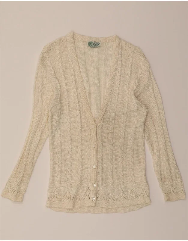 VINTAGE Womens Cardigan Sweater UK 14 Large Off White Cotton Thin Thick Dense