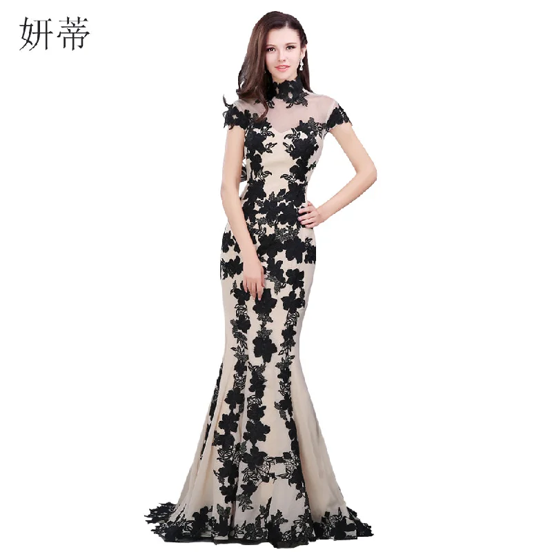 Elegant Black Short Sleeve Mermaid Evening Dress 2018 Applique Chiffon Prom Dresses Custom Made 100% Actual Image Sheer Gown