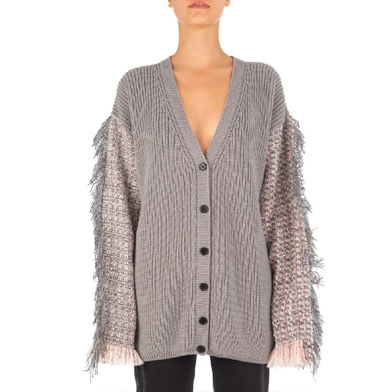 Women's Ribbed And Tweed Patchwork Maglia Cardigans Beige Mesh Fabric Canvas Fabric Denim Fabric Women's Ribbed And Tweed Patchwork Maglia Cardigans Beige Mesh Fabric Canvas Fabric Denim Fabric