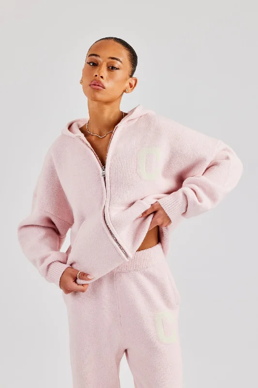 Hooded Zip Through Knitted Jumper - Baby Pink Front Pockets Side Pockets Patch Pockets Hooded Zip Through Knitted Jumper - Baby Pink Front Pockets Side Pockets Patch Pockets