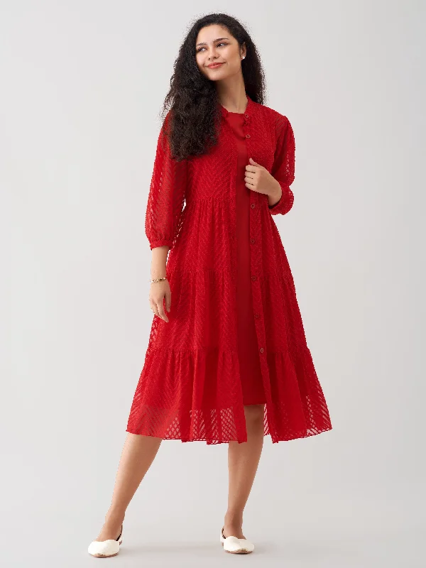 Red Wine Crepe Chiffon Swiss Dot Boat Neck Tunic Top with Jacket Rayon Jacket Velvet Jacket Corduroy Jacket