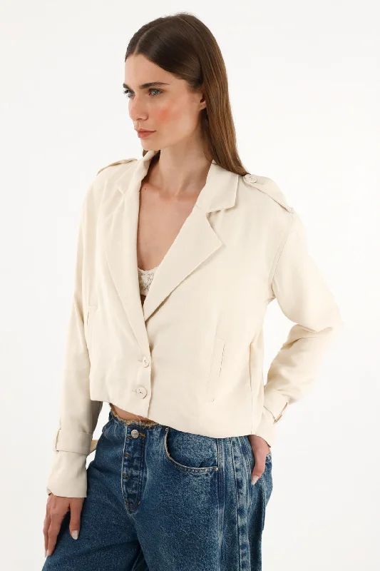 Women's Cropped Cream Biker Jacket Notch Collar Peter Pan Collar Cowl Neck