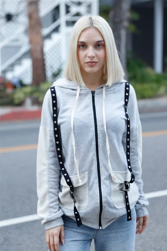 Grey Contrast Belt & Reversed Details Zip-Up Hoodie Sweatshirt /2-2-2 Hoodie with Distressed Vintage Worn Grey Contrast Belt & Reversed Details Zip-Up Hoodie Sweatshirt /2-2-2 Hoodie with Distressed Vintage Worn