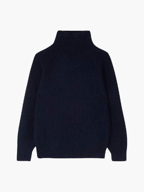 Navy Moss Stitch Turtleneck Jumper Spandex Blend Rayon Blend Denim Blend