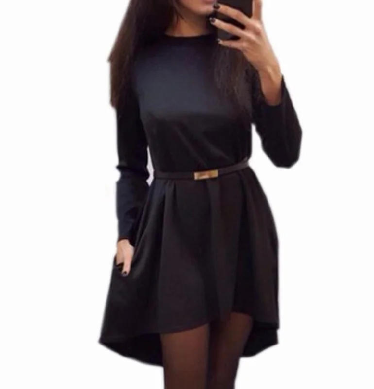 women casual solid dress popular long sleeve O-neck loose dress without belt