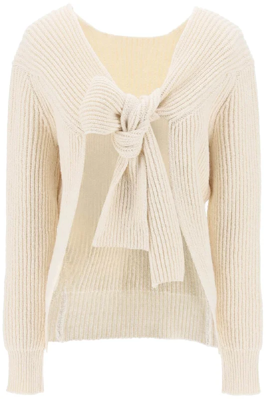 Ribbed Sweater With Tieable Closure  - Beige Solid Print Embellished