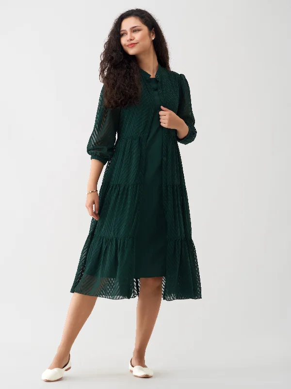 Gable Green Crepe Chiffon Swiss Dot Boat Neck Tunic Top with Jacket Ribbed Jacket Pleated Jacket Ruffled Jacket