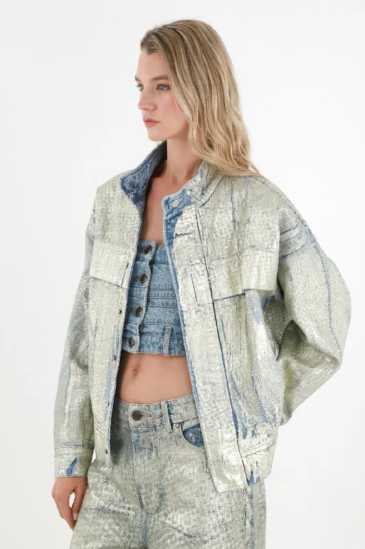 Women's Oversized Metallic-Effect Jacket Denim Jacket Leather Jacket Suede Jacket