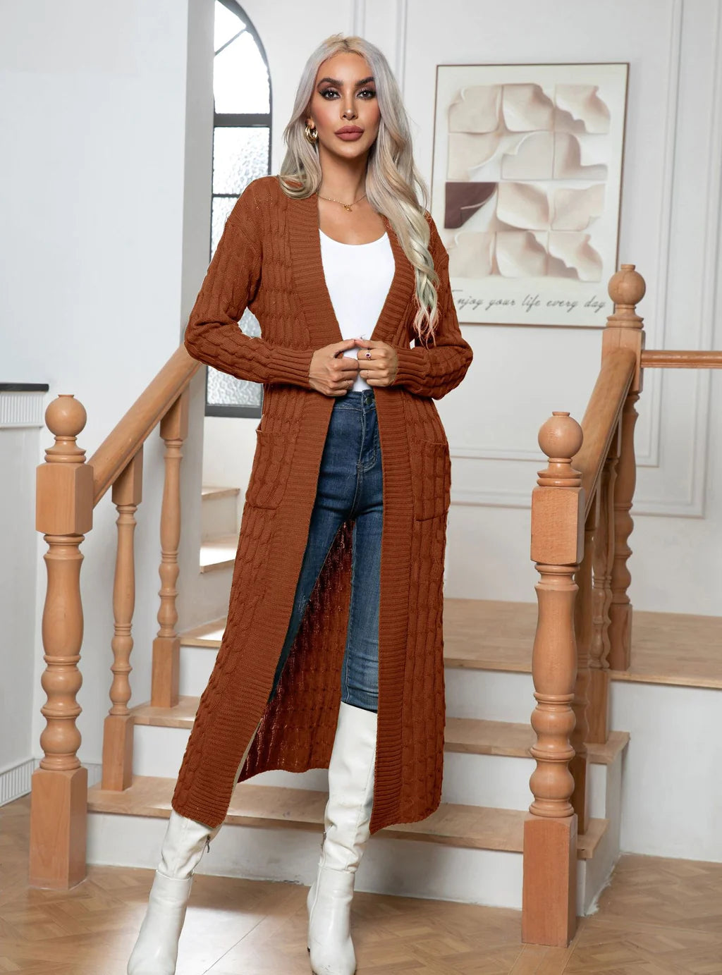 CLASSY TWIST POCKET EXTENDED CARDIGAN SWEATER Spandex Blend Rayon Blend Denim Blend